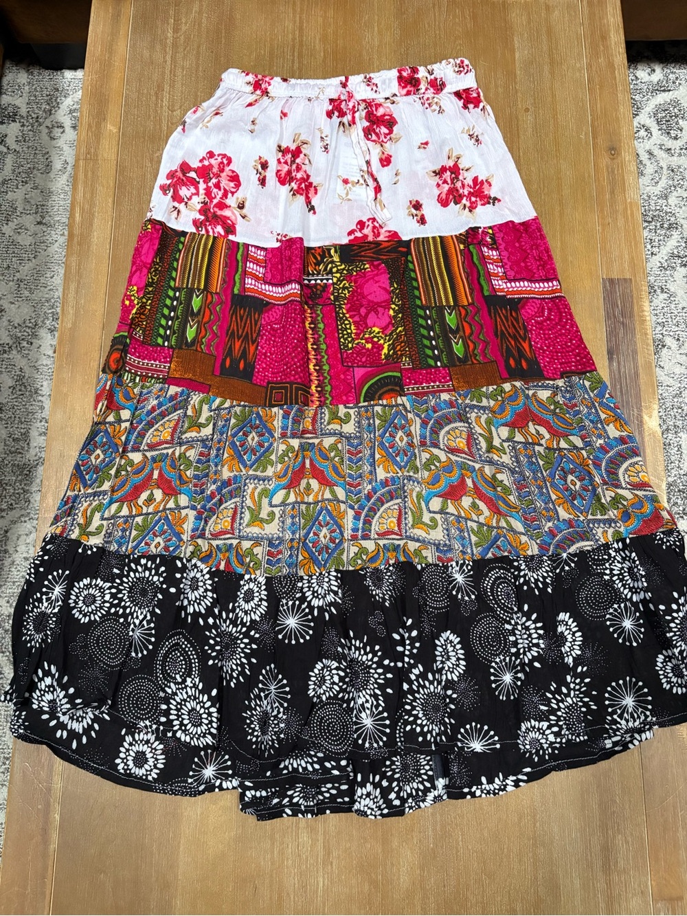 Bohemian Patchwork Maxi Skirt — Pink, Black & White